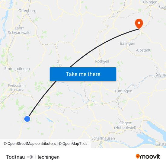 Todtnau to Hechingen map