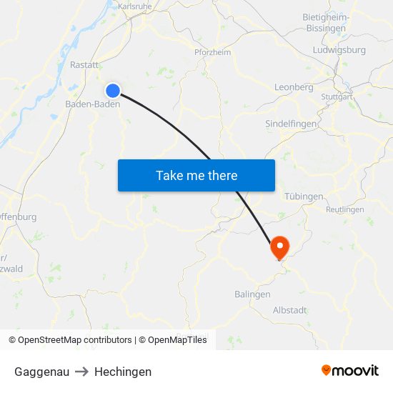 Gaggenau to Hechingen map