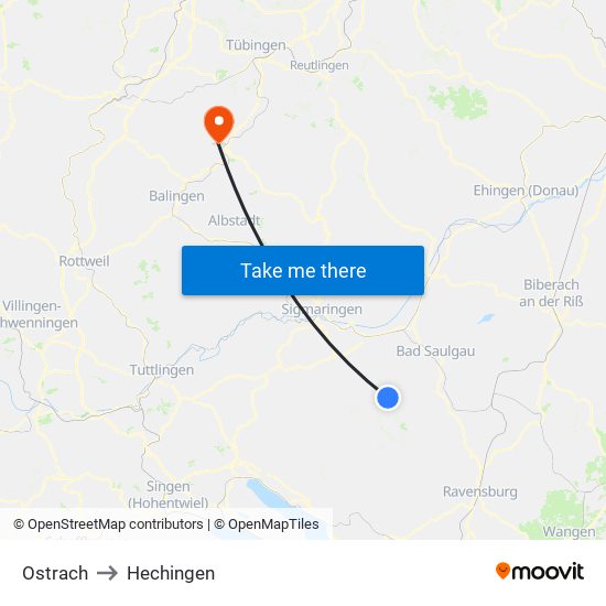 Ostrach to Hechingen map