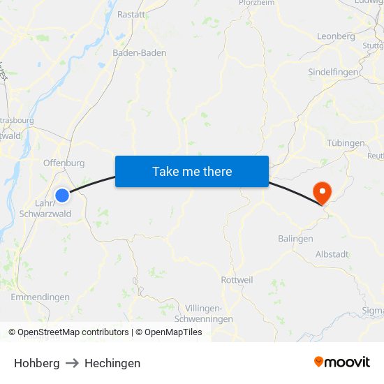 Hohberg to Hechingen map