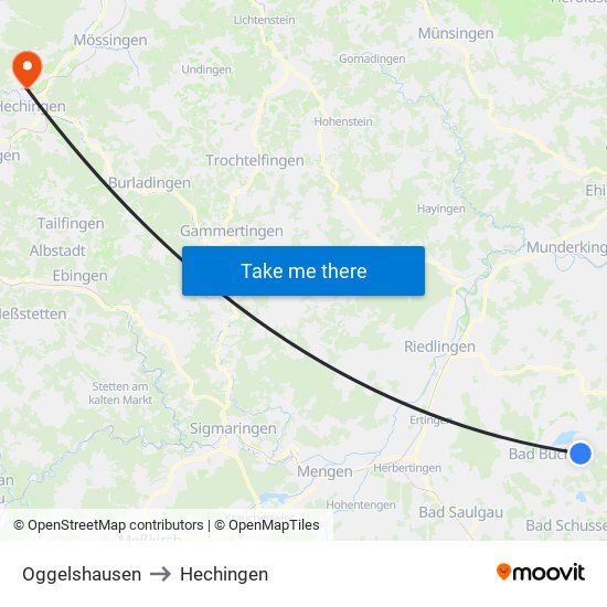 Oggelshausen to Hechingen map