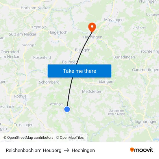 Reichenbach am Heuberg to Hechingen map