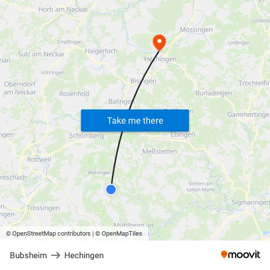 Bubsheim to Hechingen map