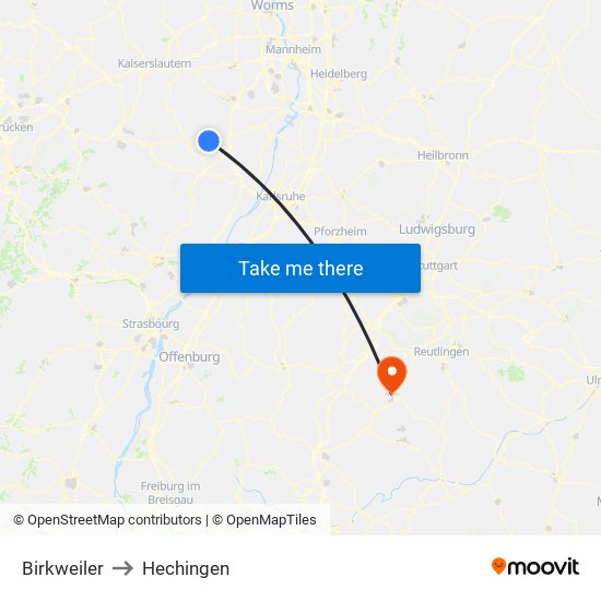 Birkweiler to Hechingen map