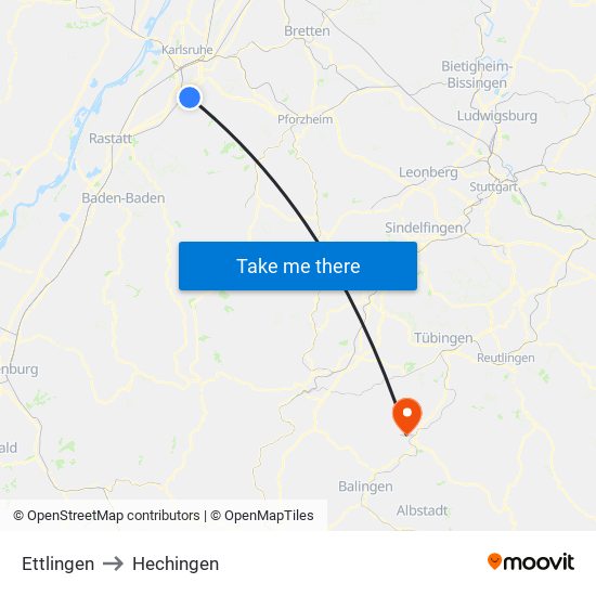 Ettlingen to Hechingen map