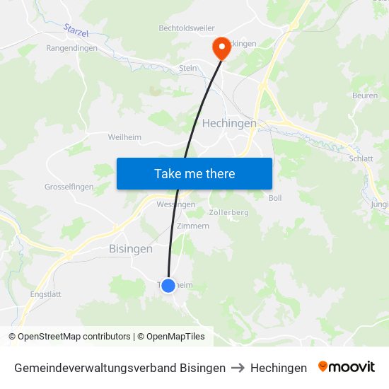 Gemeindeverwaltungsverband Bisingen to Hechingen map