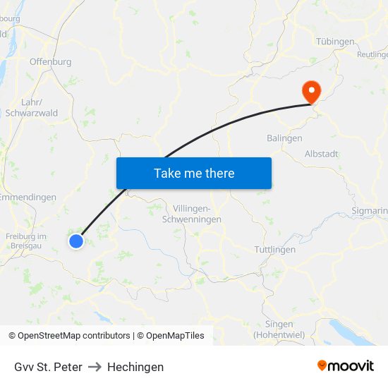 Gvv St. Peter to Hechingen map