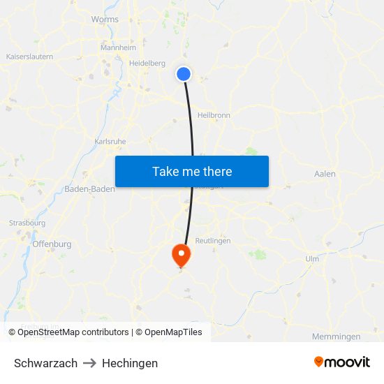 Schwarzach to Hechingen map