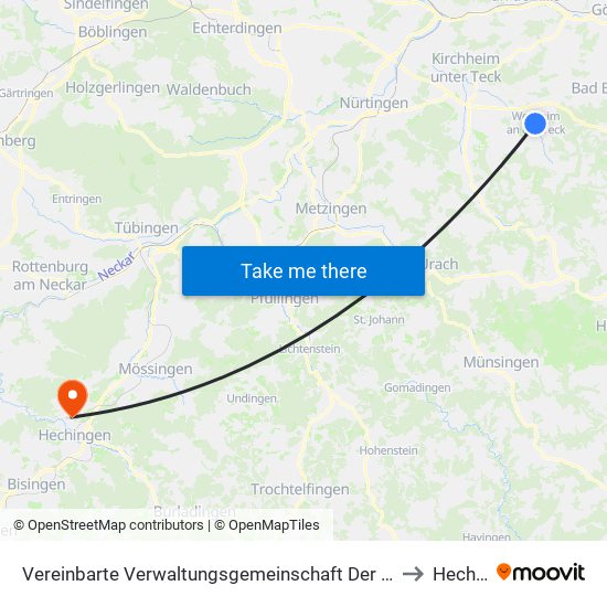 Vereinbarte Verwaltungsgemeinschaft Der Stadt Weilheim An Der Teck to Hechingen map