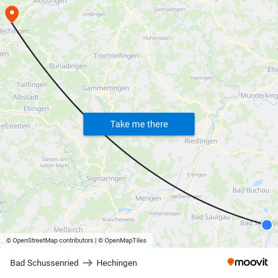 Bad Schussenried to Hechingen map