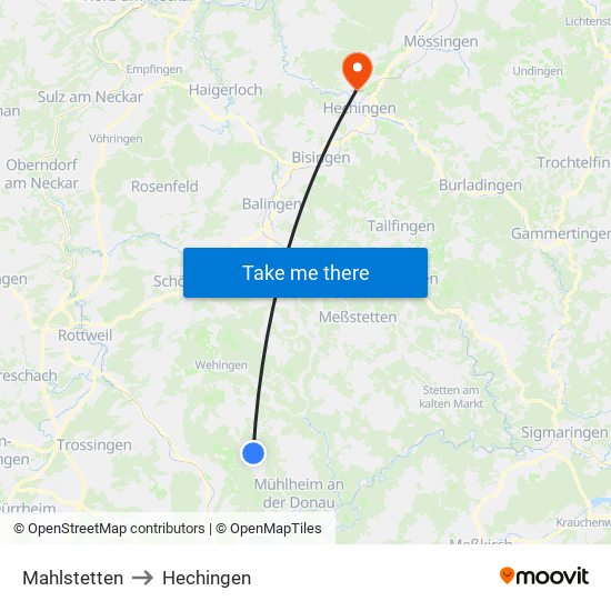 Mahlstetten to Hechingen map