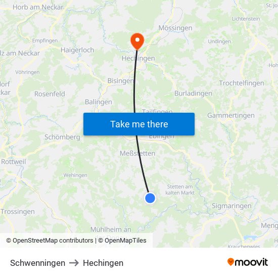 Schwenningen to Hechingen map