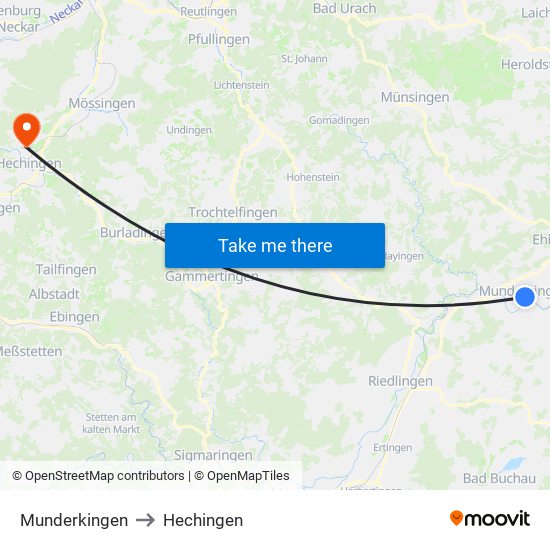 Munderkingen to Hechingen map