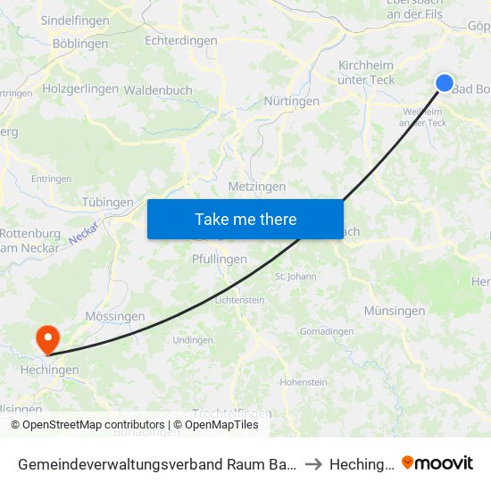 Gemeindeverwaltungsverband Raum Bad Boll to Hechingen map