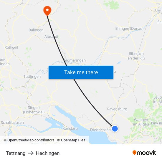 Tettnang to Hechingen map