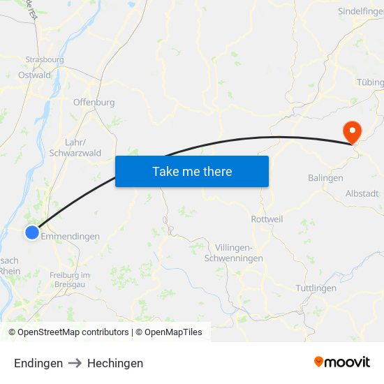 Endingen to Hechingen map