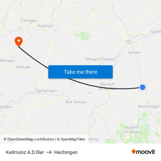 Kellmünz A.D.Iller to Hechingen map