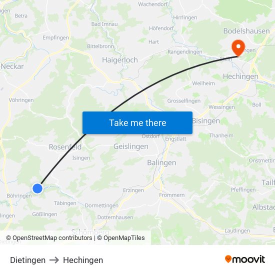 Dietingen to Hechingen map