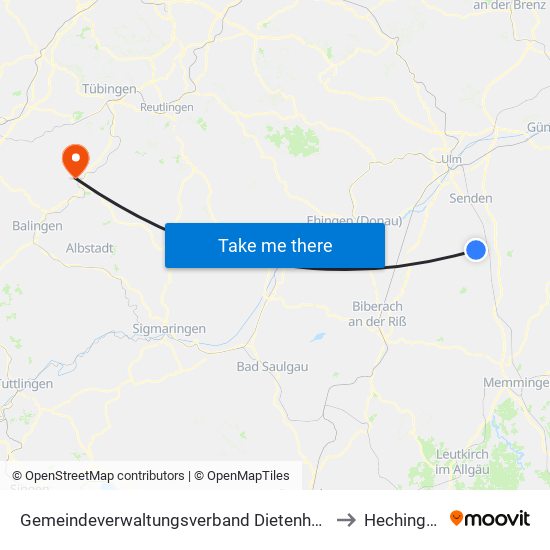 Gemeindeverwaltungsverband Dietenheim to Hechingen map