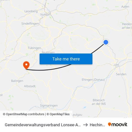 Gemeindeverwaltungsverband Lonsee-Amstetten to Hechingen map