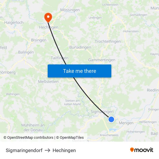 Sigmaringendorf to Hechingen map