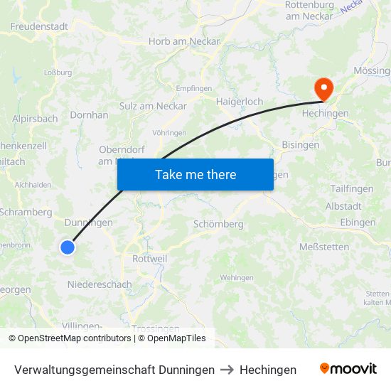 Verwaltungsgemeinschaft Dunningen to Hechingen map