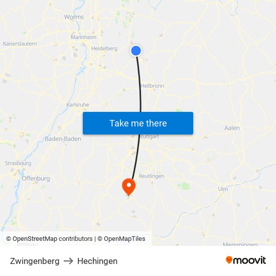 Zwingenberg to Hechingen map