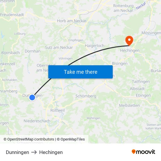 Dunningen to Hechingen map