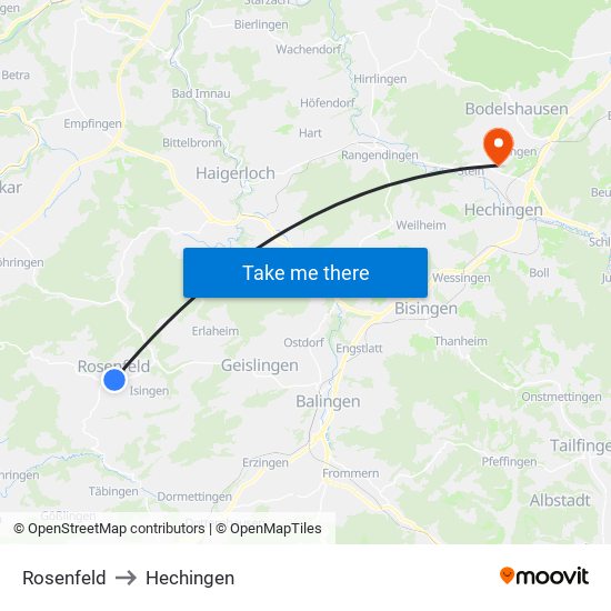 Rosenfeld to Hechingen map