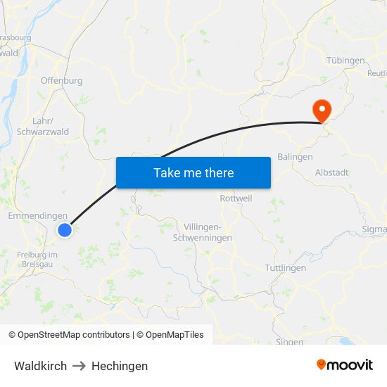 Waldkirch to Hechingen map