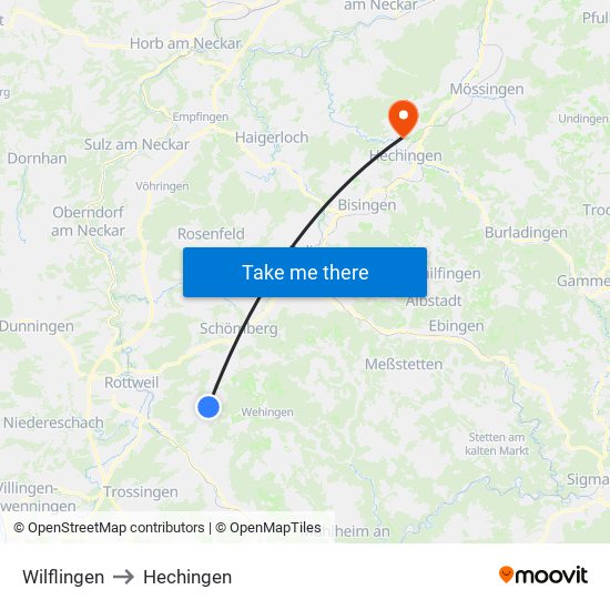 Wilflingen to Hechingen map