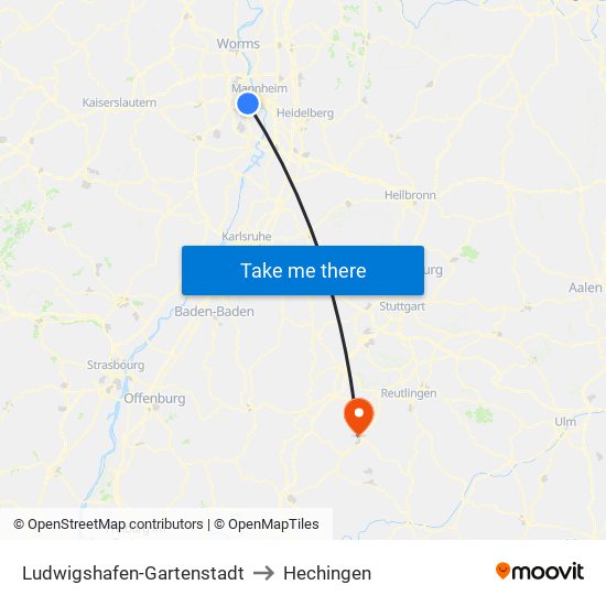 Ludwigshafen-Gartenstadt to Hechingen map
