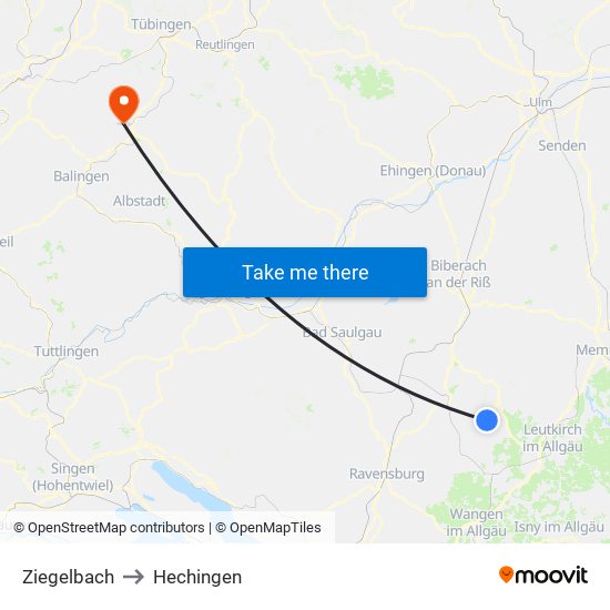 Ziegelbach to Hechingen map