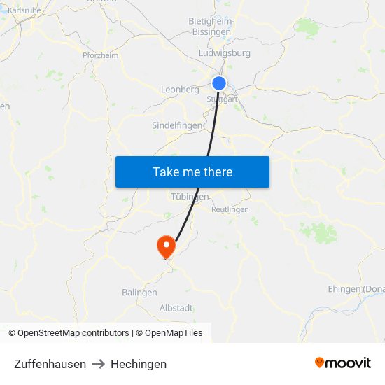 Zuffenhausen to Hechingen map