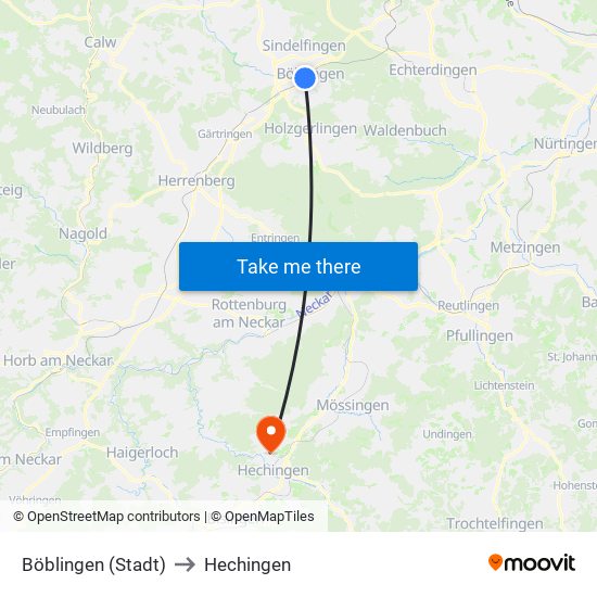 Böblingen (Stadt) to Hechingen map