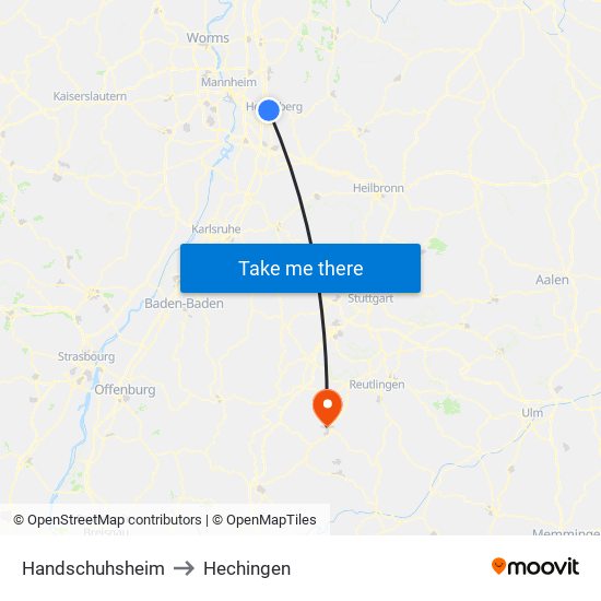Handschuhsheim to Hechingen map