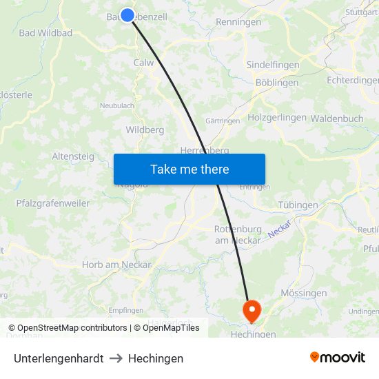 Unterlengenhardt to Hechingen map