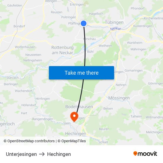 Unterjesingen to Hechingen map