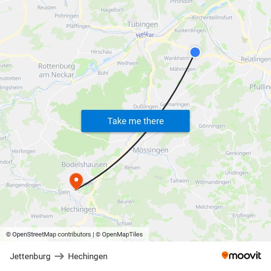 Jettenburg to Hechingen map