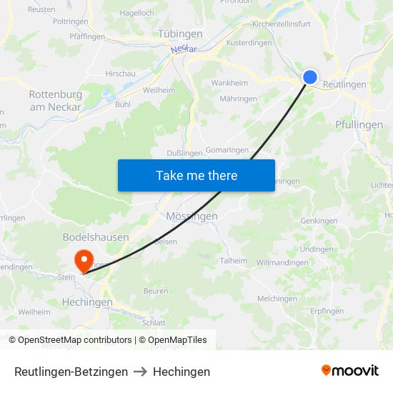 Reutlingen-Betzingen to Hechingen map