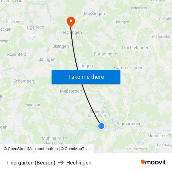 Thiergarten (Beuron) to Hechingen map