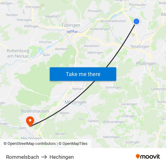 Rommelsbach to Hechingen map