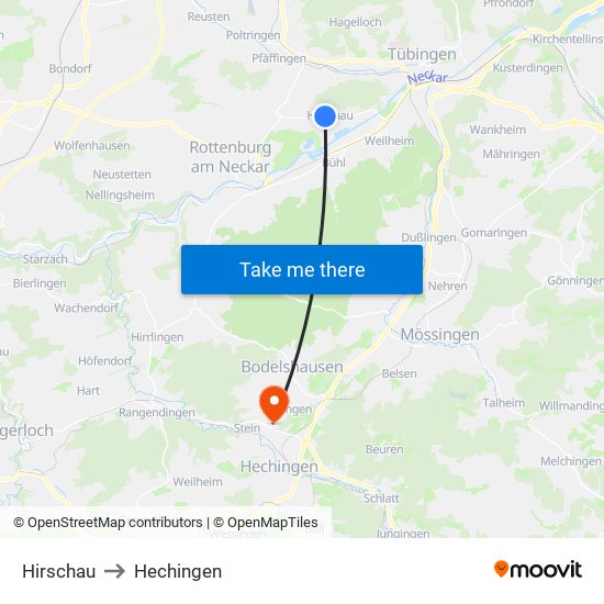 Hirschau to Hechingen map