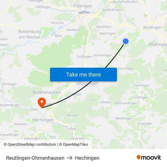 Reutlingen-Ohmenhausen to Hechingen map