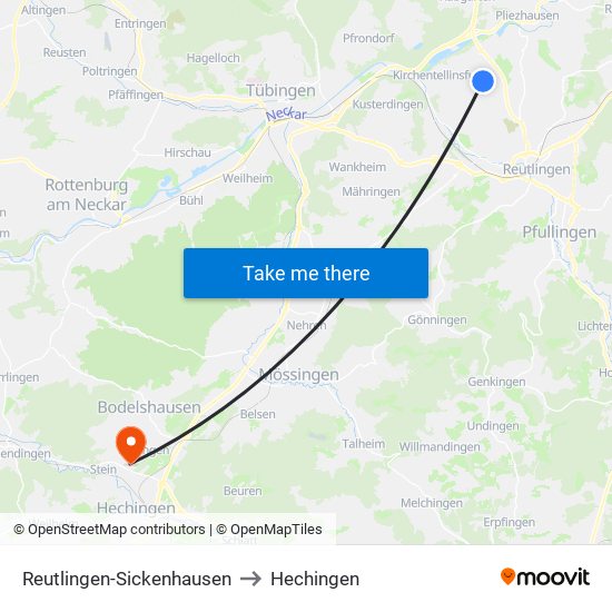 Reutlingen-Sickenhausen to Hechingen map