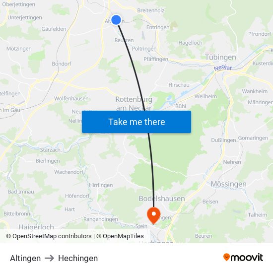 Altingen to Hechingen map