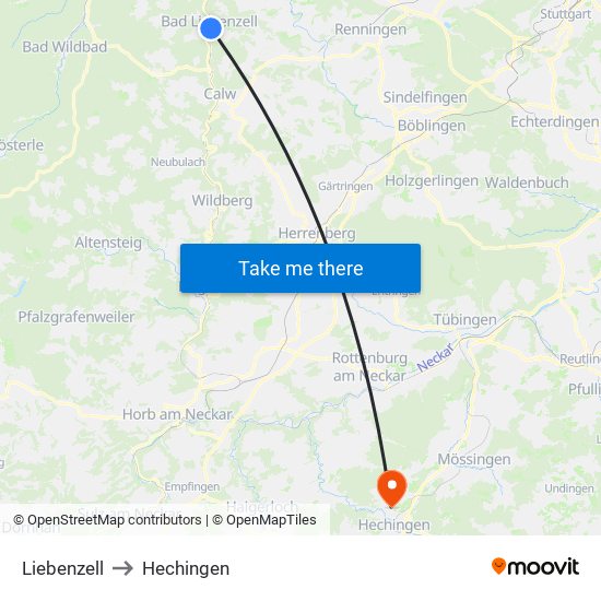 Liebenzell to Hechingen map