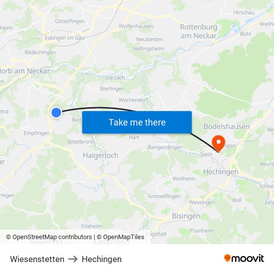 Wiesenstetten to Hechingen map