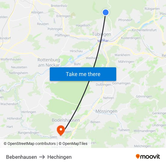 Bebenhausen to Hechingen map