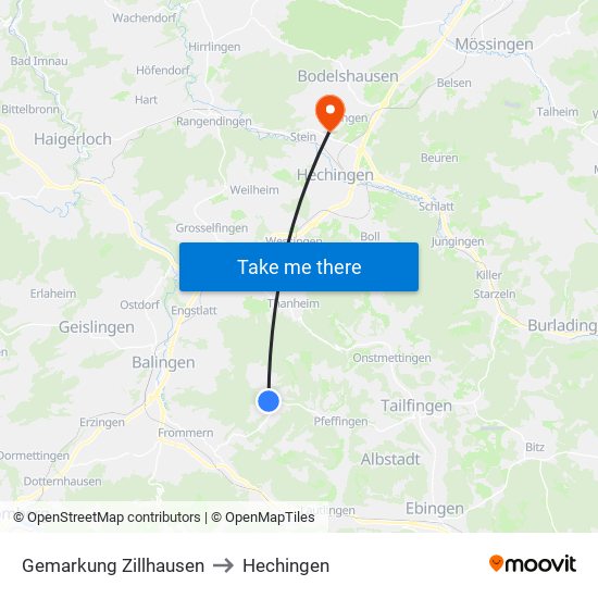 Gemarkung Zillhausen to Hechingen map